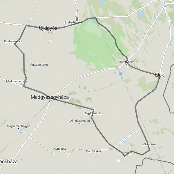 Map miniature of "Újkígyós Loop" cycling inspiration in Dél-Alföld, Hungary. Generated by Tarmacs.app cycling route planner