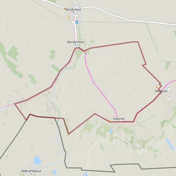 Map miniature of "The Rural Bike Tour" cycling inspiration in Dél-Alföld, Hungary. Generated by Tarmacs.app cycling route planner