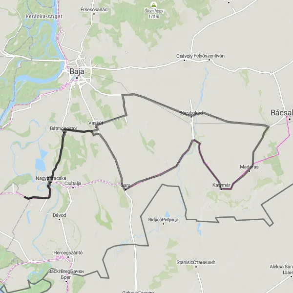 Map miniature of "The Great Alföld Circuit" cycling inspiration in Dél-Alföld, Hungary. Generated by Tarmacs.app cycling route planner