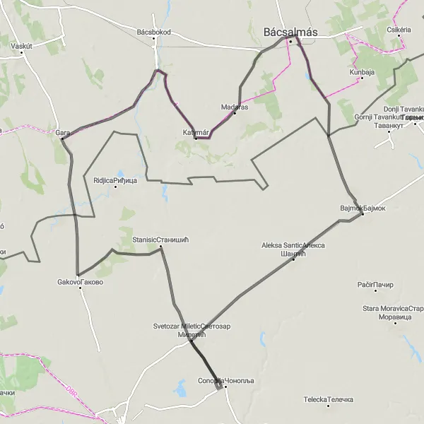 Map miniature of "Countryside Exploration" cycling inspiration in Dél-Alföld, Hungary. Generated by Tarmacs.app cycling route planner