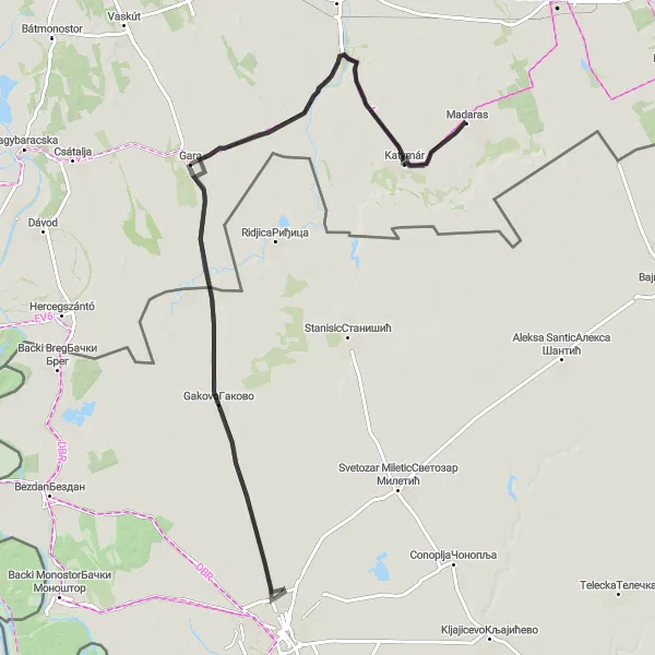 Map miniature of "Katymár Road Adventure" cycling inspiration in Dél-Alföld, Hungary. Generated by Tarmacs.app cycling route planner