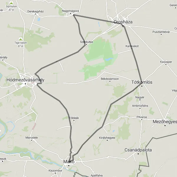 Map miniature of "Makó - Székkutas - Orosháza - Tótkomlós - Honvéd" cycling inspiration in Dél-Alföld, Hungary. Generated by Tarmacs.app cycling route planner