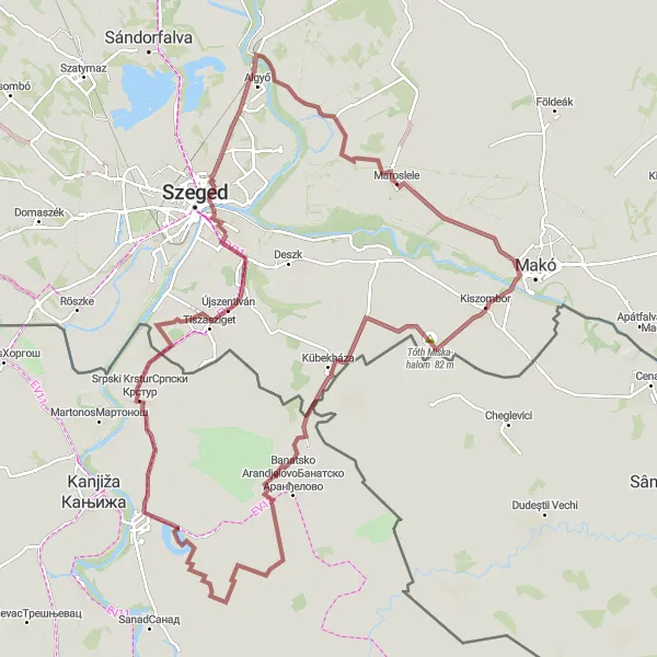 Map miniature of "The Great Plains Explorer" cycling inspiration in Dél-Alföld, Hungary. Generated by Tarmacs.app cycling route planner