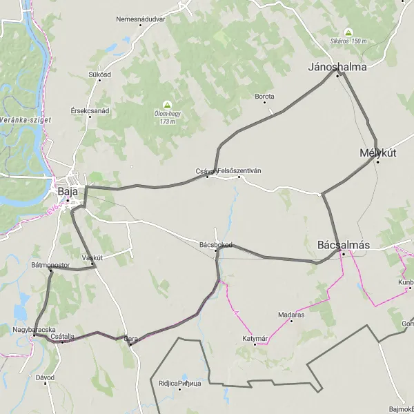 Map miniature of "Meander through Dél-Alföld" cycling inspiration in Dél-Alföld, Hungary. Generated by Tarmacs.app cycling route planner