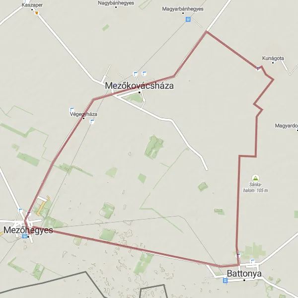 Map miniature of "Mezőhegyes - Mezőkovácsháza - Battonya - Szalonnasütő" cycling inspiration in Dél-Alföld, Hungary. Generated by Tarmacs.app cycling route planner
