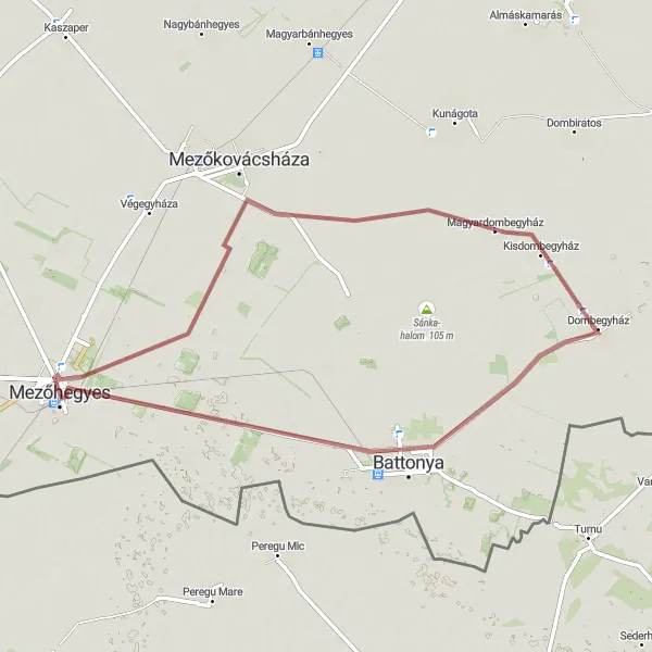 Map miniature of "Mezőhegyes - Mezőkovácsháza - Battonya - Szalonnasütő (Bypassing Fields)" cycling inspiration in Dél-Alföld, Hungary. Generated by Tarmacs.app cycling route planner