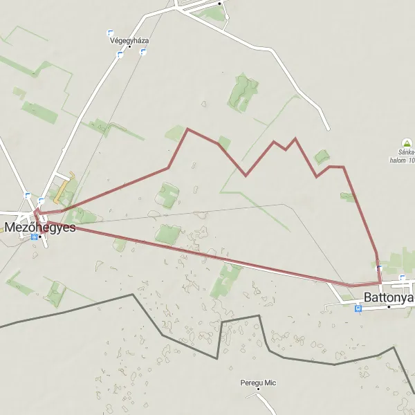 Map miniature of "Mezőhegyes - Battonya - Szalonnasütő (Short Route)" cycling inspiration in Dél-Alföld, Hungary. Generated by Tarmacs.app cycling route planner