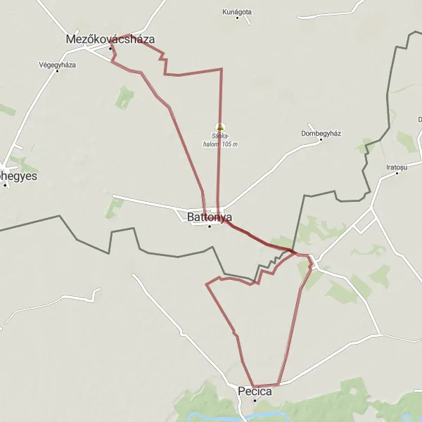 Map miniature of "The Gravel Quest: Exploring Hungary and Romania's Borderland" cycling inspiration in Dél-Alföld, Hungary. Generated by Tarmacs.app cycling route planner