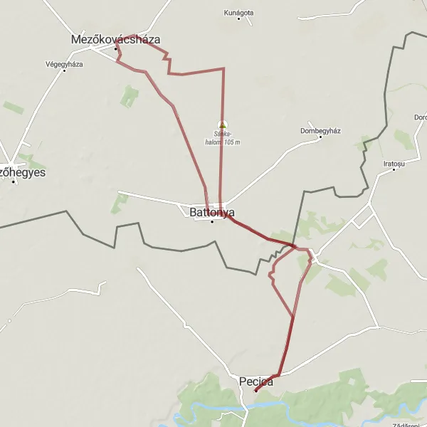 Map miniature of "The Battonya Gravel Ride" cycling inspiration in Dél-Alföld, Hungary. Generated by Tarmacs.app cycling route planner