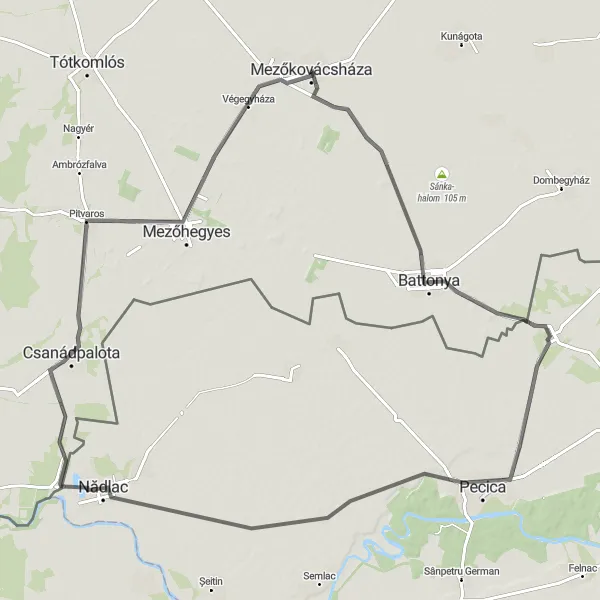 Map miniature of "Beyond Borders: The Transboundary Exploration" cycling inspiration in Dél-Alföld, Hungary. Generated by Tarmacs.app cycling route planner