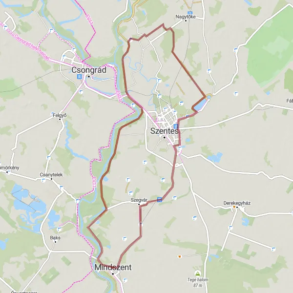 Map miniature of "Gravel Cycling Near Mindszent" cycling inspiration in Dél-Alföld, Hungary. Generated by Tarmacs.app cycling route planner