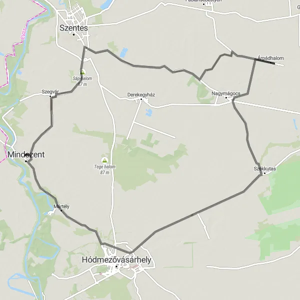 Map miniature of "The Szegvár-Székkutas Circuit" cycling inspiration in Dél-Alföld, Hungary. Generated by Tarmacs.app cycling route planner