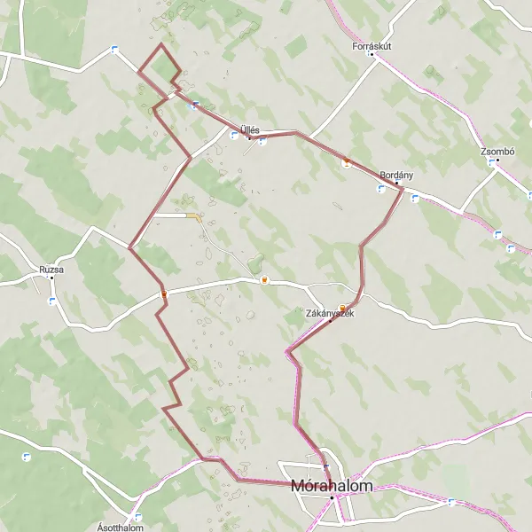 Map miniature of "Mórahalom - Bordány - Zákányszék Circular Gravel Route" cycling inspiration in Dél-Alföld, Hungary. Generated by Tarmacs.app cycling route planner