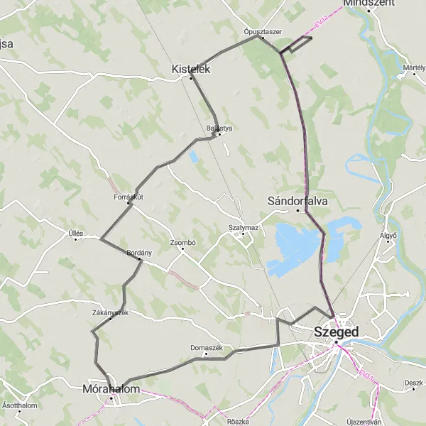 Map miniature of "Mórahalom - Bordány - Balástya - Pallavicini-kastély - Sövénylabirintus - Domaszék - Szeged Circular Route" cycling inspiration in Dél-Alföld, Hungary. Generated by Tarmacs.app cycling route planner