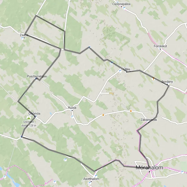 Map miniature of "Mórahalom - Szerelem-domb - Öttömös - Zákányszék Circular Route" cycling inspiration in Dél-Alföld, Hungary. Generated by Tarmacs.app cycling route planner