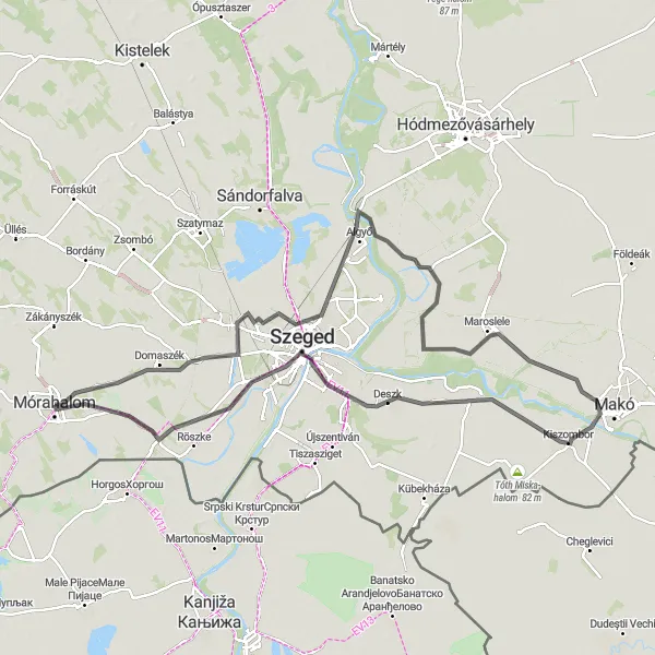 Map miniature of "Mórahalom - Domaszék - Maroslele - Kiszombor - Deszk - Szeged Circular Route" cycling inspiration in Dél-Alföld, Hungary. Generated by Tarmacs.app cycling route planner