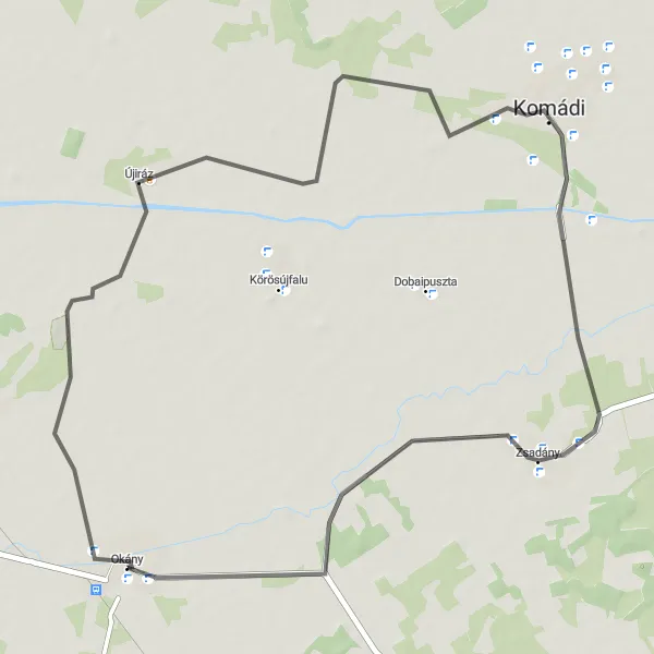 Map miniature of "Okány to Zsadány Loop" cycling inspiration in Dél-Alföld, Hungary. Generated by Tarmacs.app cycling route planner