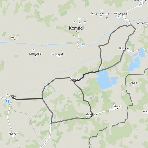 Map miniature of "Okány to Biharugra Road Cycling Route" cycling inspiration in Dél-Alföld, Hungary. Generated by Tarmacs.app cycling route planner