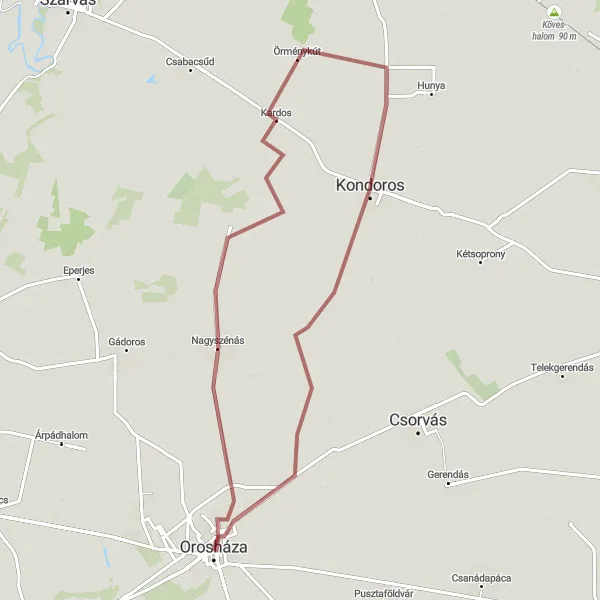 Map miniature of "Gravel Route through Nagyszénás, Kardos, Kondoros, and Kiscsákó" cycling inspiration in Dél-Alföld, Hungary. Generated by Tarmacs.app cycling route planner