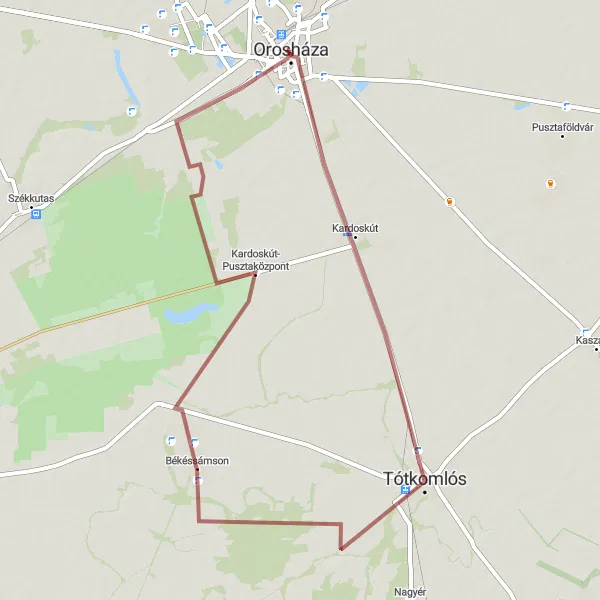 Map miniature of "Tótkomlós Adventure to Orosháza" cycling inspiration in Dél-Alföld, Hungary. Generated by Tarmacs.app cycling route planner