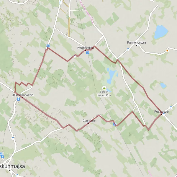 Map miniature of "Scenic Gravel Ride to Jászszentlászló" cycling inspiration in Dél-Alföld, Hungary. Generated by Tarmacs.app cycling route planner