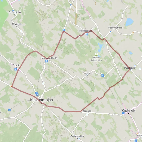 Map miniature of "Journey through Kiskunmajsa" cycling inspiration in Dél-Alföld, Hungary. Generated by Tarmacs.app cycling route planner