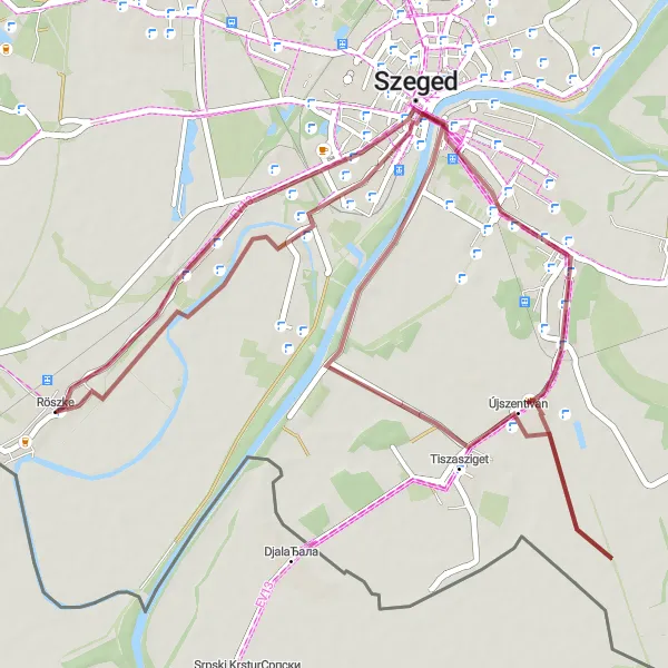 Map miniature of "Szegedi Vasúti Híd Adventure" cycling inspiration in Dél-Alföld, Hungary. Generated by Tarmacs.app cycling route planner