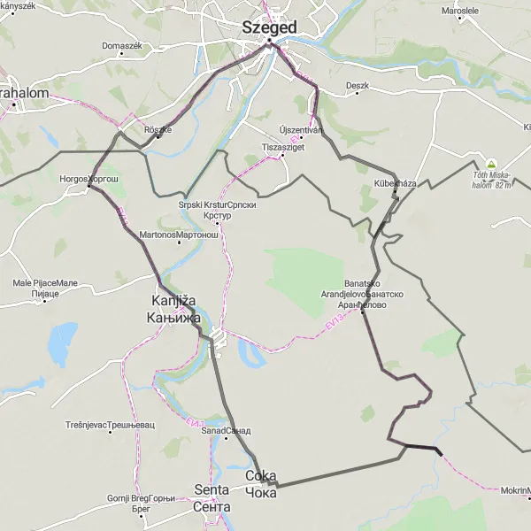 Map miniature of "Röszke - Novi Knezevac Loop" cycling inspiration in Dél-Alföld, Hungary. Generated by Tarmacs.app cycling route planner