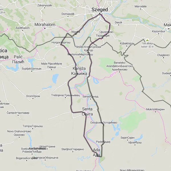 Map miniature of "Röszke-Đala-Ostojicevo-Horgos Circuit (Alternative)" cycling inspiration in Dél-Alföld, Hungary. Generated by Tarmacs.app cycling route planner