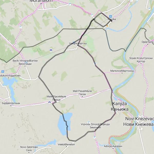 Map miniature of "Road Cycling in Horgos and Vojvoda Zimonjic" cycling inspiration in Dél-Alföld, Hungary. Generated by Tarmacs.app cycling route planner