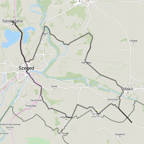 Map miniature of "Szeged and the Great Southern Plain" cycling inspiration in Dél-Alföld, Hungary. Generated by Tarmacs.app cycling route planner