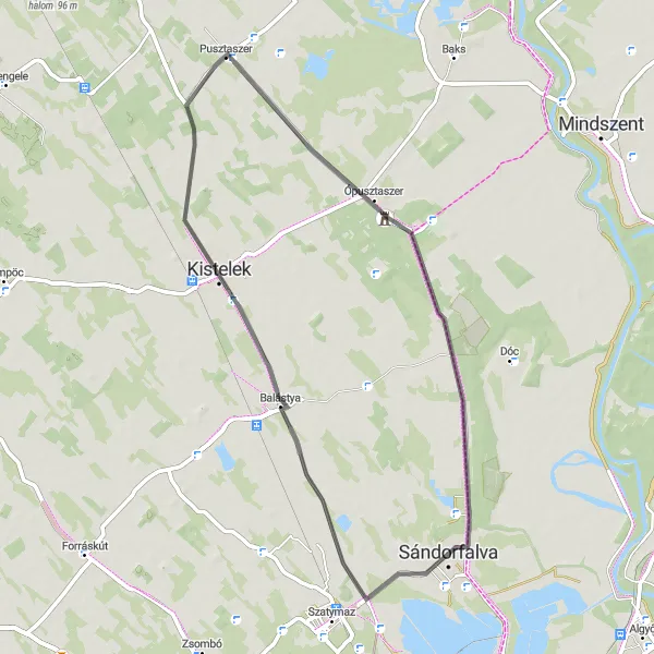 Map miniature of "Scenic Route to Balástya and Pusztaszer" cycling inspiration in Dél-Alföld, Hungary. Generated by Tarmacs.app cycling route planner