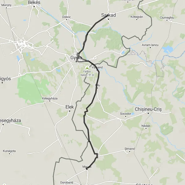 Map miniature of "Road Trip to Gyula" cycling inspiration in Dél-Alföld, Hungary. Generated by Tarmacs.app cycling route planner
