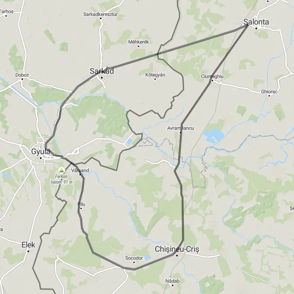 Map miniature of "Mellow Ride to Chisineu-Cris" cycling inspiration in Dél-Alföld, Hungary. Generated by Tarmacs.app cycling route planner