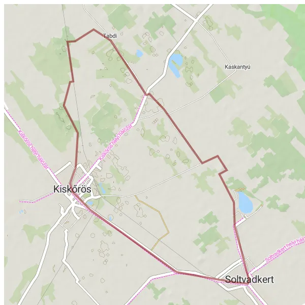 Map miniature of "Gravel route from Soltvadkert to Kiskőrös, Tabdi, and Soltvadkert" cycling inspiration in Dél-Alföld, Hungary. Generated by Tarmacs.app cycling route planner