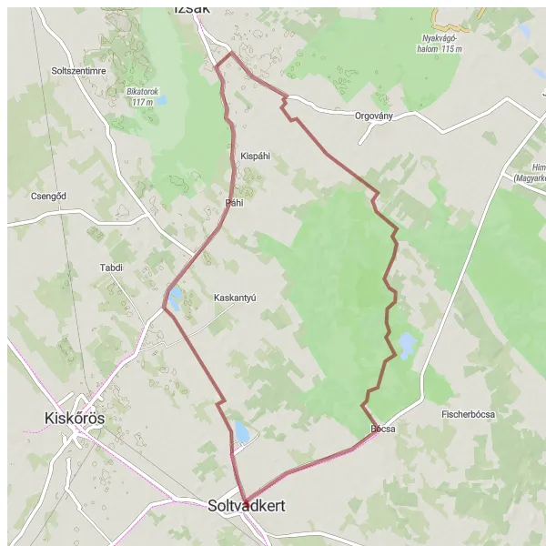 Map miniature of "Soltvadkert and Beyond" cycling inspiration in Dél-Alföld, Hungary. Generated by Tarmacs.app cycling route planner