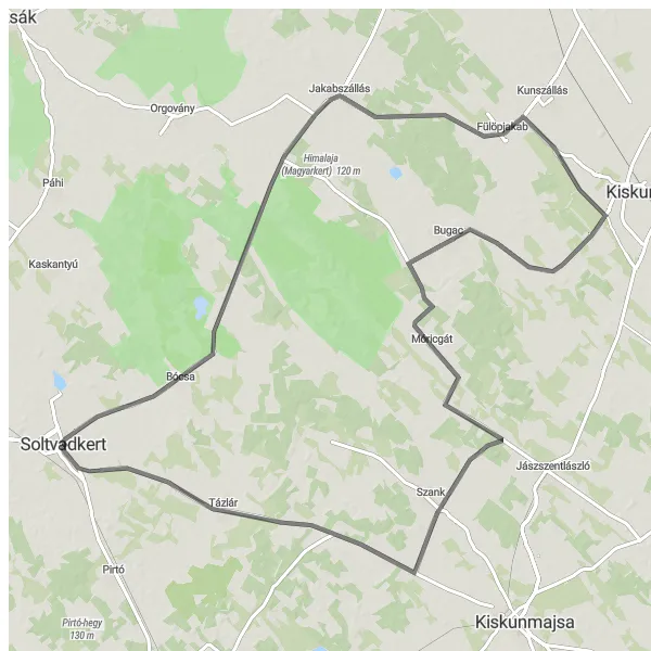 Map miniature of "Bugac Loop" cycling inspiration in Dél-Alföld, Hungary. Generated by Tarmacs.app cycling route planner