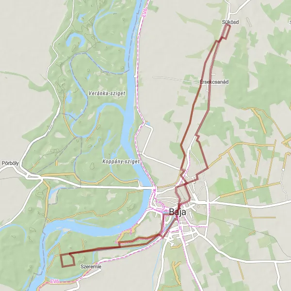 Map miniature of "Gravel Adventure in Baja" cycling inspiration in Dél-Alföld, Hungary. Generated by Tarmacs.app cycling route planner