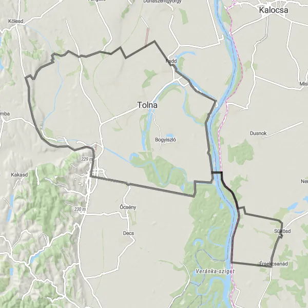 Map miniature of "Scenic Road Ride from Sükösd to Szekszárd" cycling inspiration in Dél-Alföld, Hungary. Generated by Tarmacs.app cycling route planner