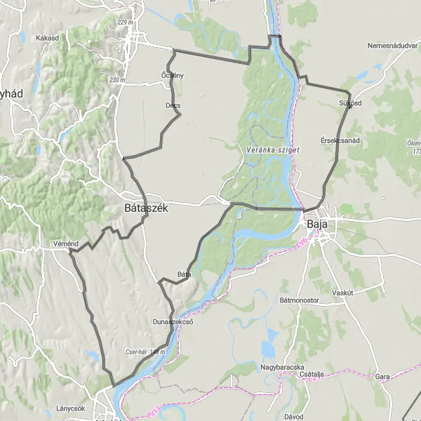 Map miniature of "Scenic Road Route - Sükösd to Őcsény" cycling inspiration in Dél-Alföld, Hungary. Generated by Tarmacs.app cycling route planner