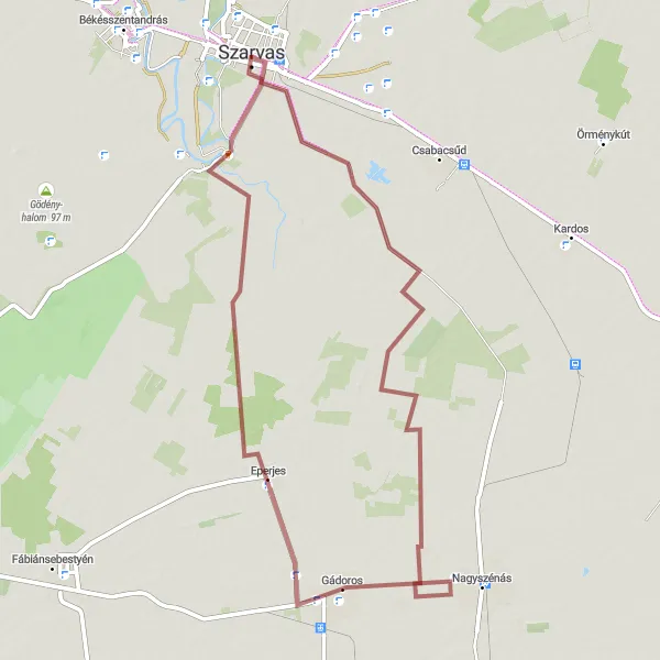 Map miniature of "Gádoros and Eperjes Gravel Adventure" cycling inspiration in Dél-Alföld, Hungary. Generated by Tarmacs.app cycling route planner