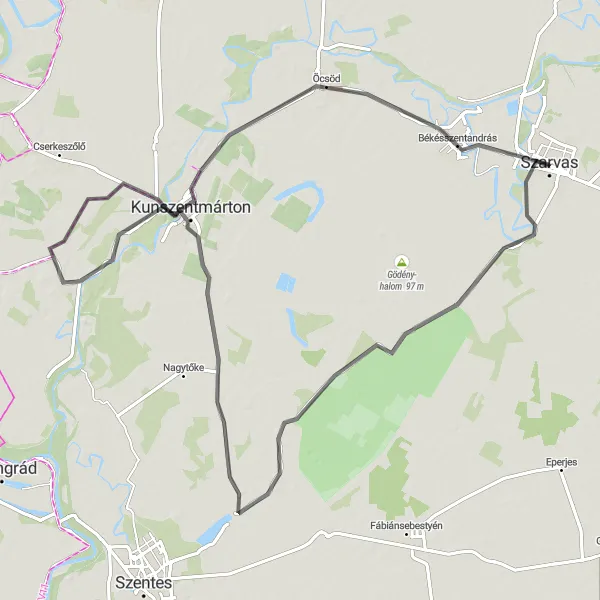 Map miniature of "Szanas Road Cycling Route" cycling inspiration in Dél-Alföld, Hungary. Generated by Tarmacs.app cycling route planner