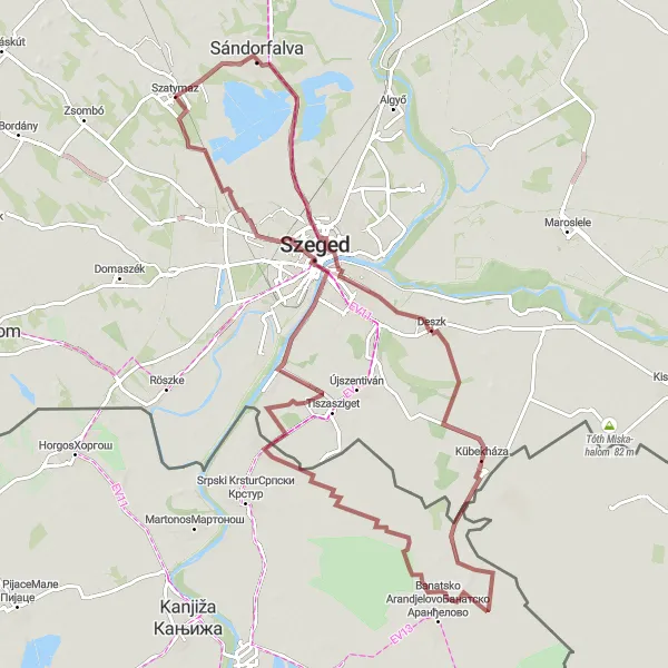Map miniature of "Gravel Adventure to Deszk and Ђала" cycling inspiration in Dél-Alföld, Hungary. Generated by Tarmacs.app cycling route planner