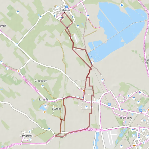 Map miniature of "Gravel Adventure in and around Szatymaz" cycling inspiration in Dél-Alföld, Hungary. Generated by Tarmacs.app cycling route planner