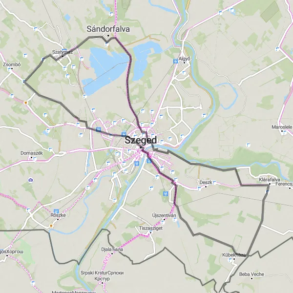 Map miniature of "Road Cycling Route from Szatymaz to Klárafalva" cycling inspiration in Dél-Alföld, Hungary. Generated by Tarmacs.app cycling route planner