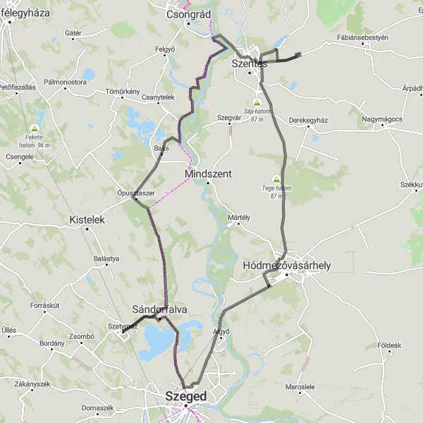 Map miniature of "Long Road Cycling Route across Szentes" cycling inspiration in Dél-Alföld, Hungary. Generated by Tarmacs.app cycling route planner