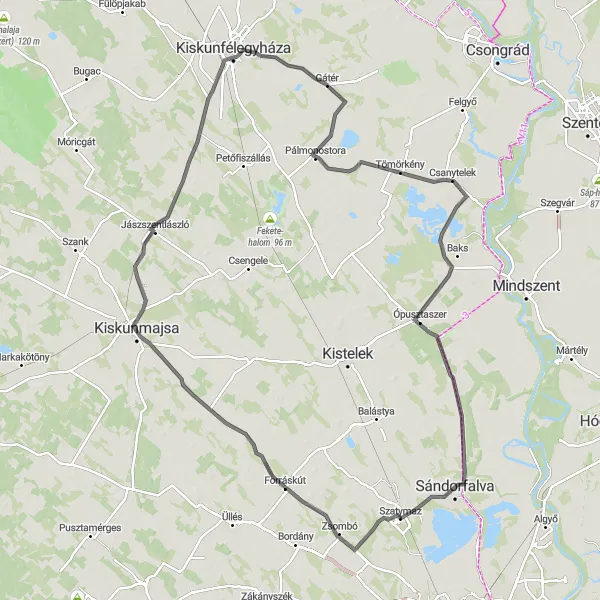 Map miniature of "Road Cycling Route from Szatymaz to Sándorfalva" cycling inspiration in Dél-Alföld, Hungary. Generated by Tarmacs.app cycling route planner