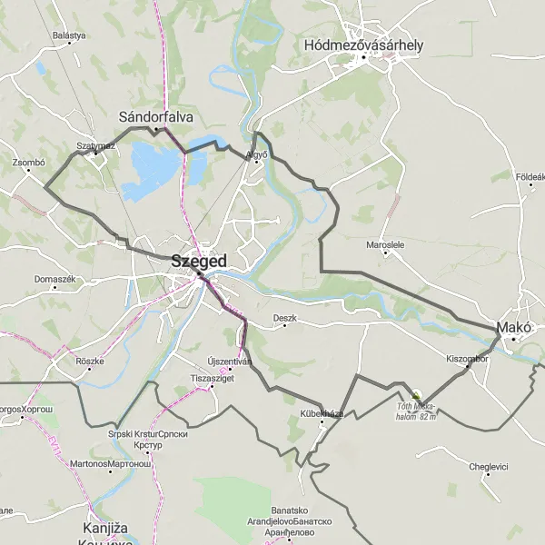 Map miniature of "Road Cycling Route from Szatymaz to Szegedi vasúti híd újszegedi hídfő" cycling inspiration in Dél-Alföld, Hungary. Generated by Tarmacs.app cycling route planner