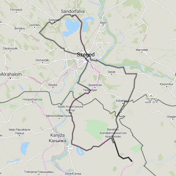 Map miniature of "Road Cycling Route from Szatymaz to Klárafalva via Podlokanj and Đala" cycling inspiration in Dél-Alföld, Hungary. Generated by Tarmacs.app cycling route planner