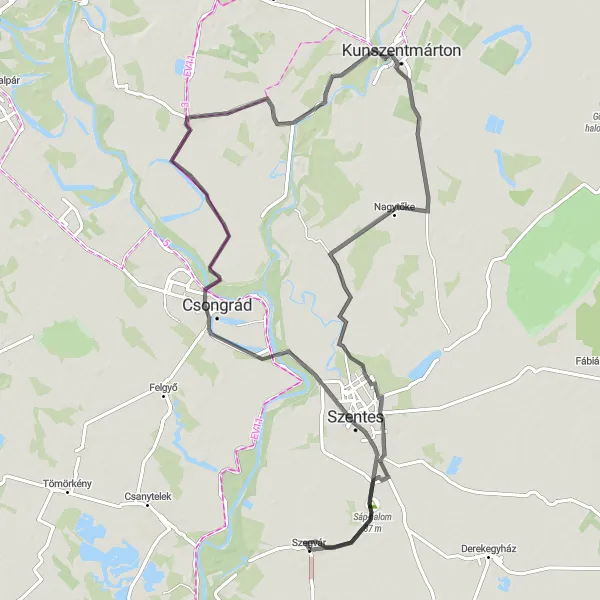 Map miniature of "Through the Heart of Dél-Alföld" cycling inspiration in Dél-Alföld, Hungary. Generated by Tarmacs.app cycling route planner